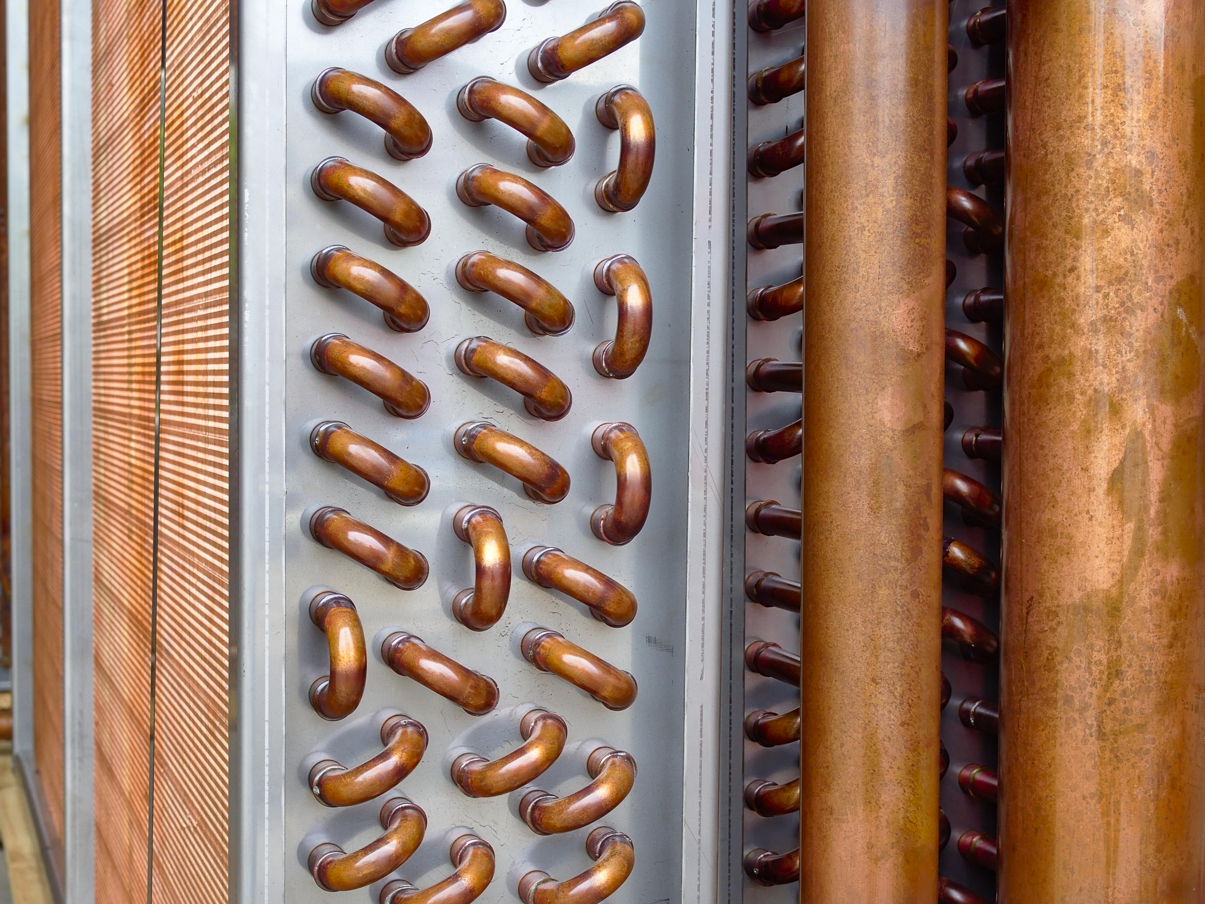 Close-up of custom copper fin-and-tube coil construction